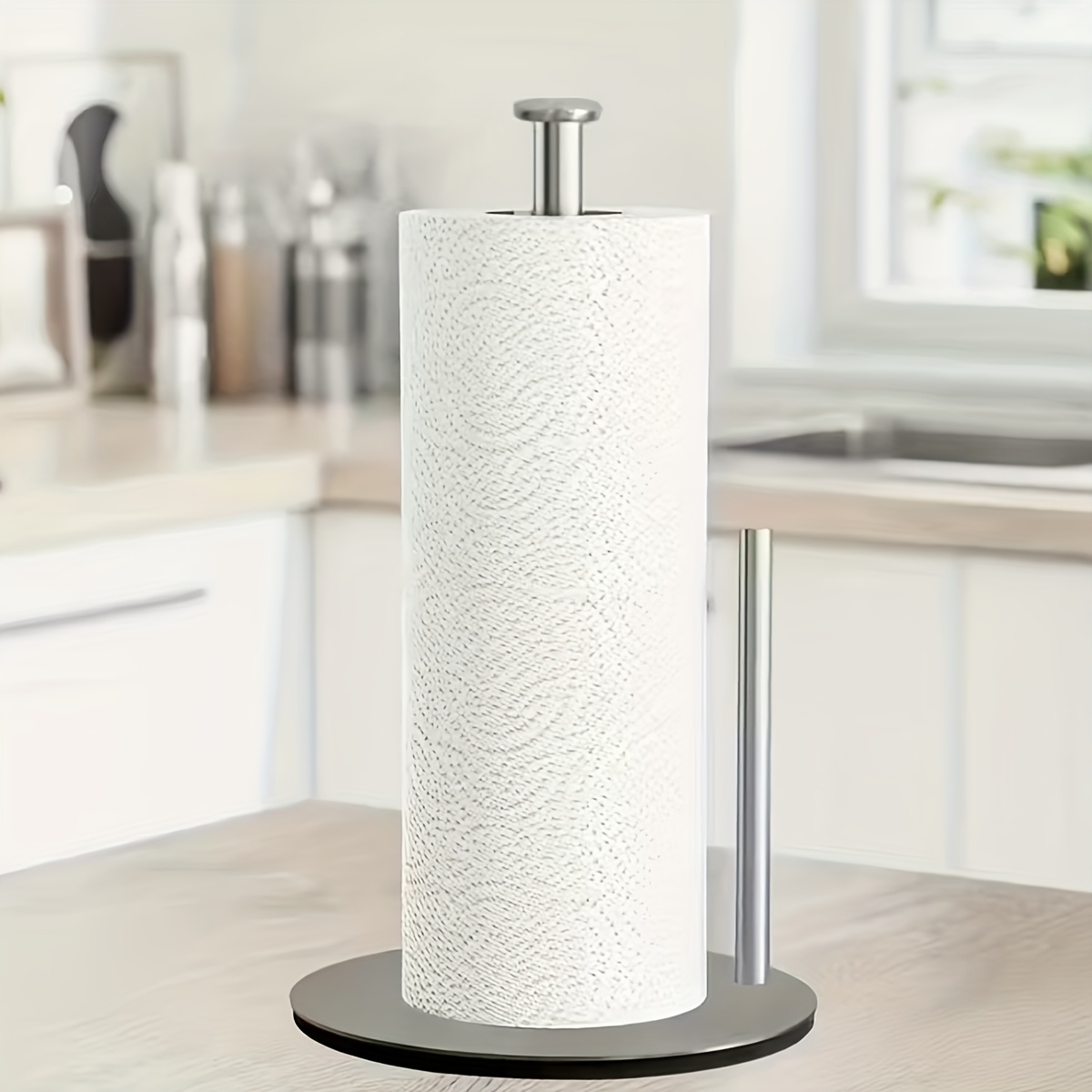 TEMU Freestanding Paper Towel Holder With Tear Bar, One-handed Operation Countertop Paper Towel Roll Stand, Non-slip Base Kitchen Paper Towel