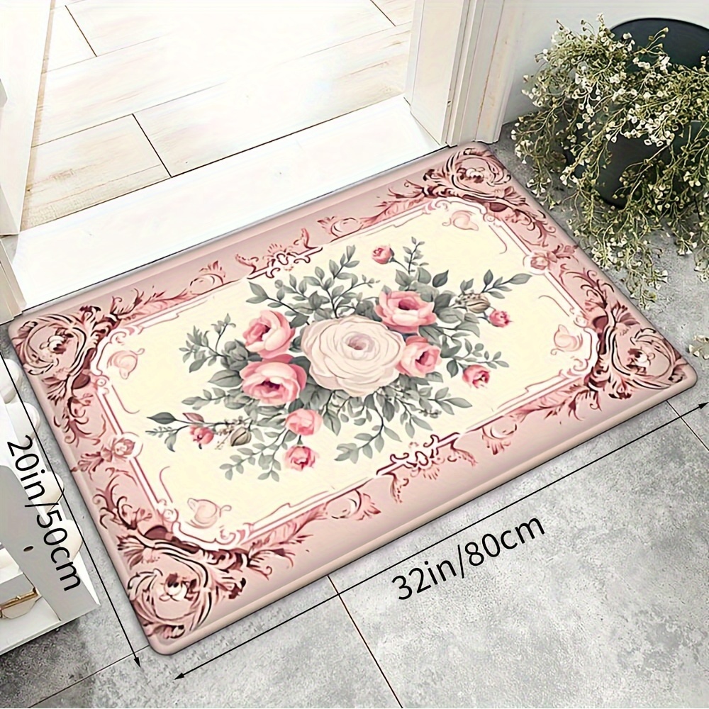 

1pc Classic Floral Print Doormat, Non-slip, Washable, Lightweight, Polyester With Pvc Backing, Rectangle, Machine Made, For Home Decor, Bathroom, Valentine's Day Decorative Entrance Mat