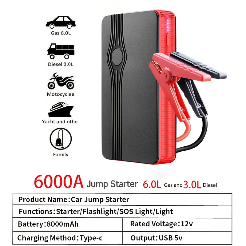 TEMU 10000a Portable Power Supply Car Jump Starter Power Bank With Air Compressor, Cordless Tire Inflator For All Gas & 10.0l Vehicles, Led Lights &