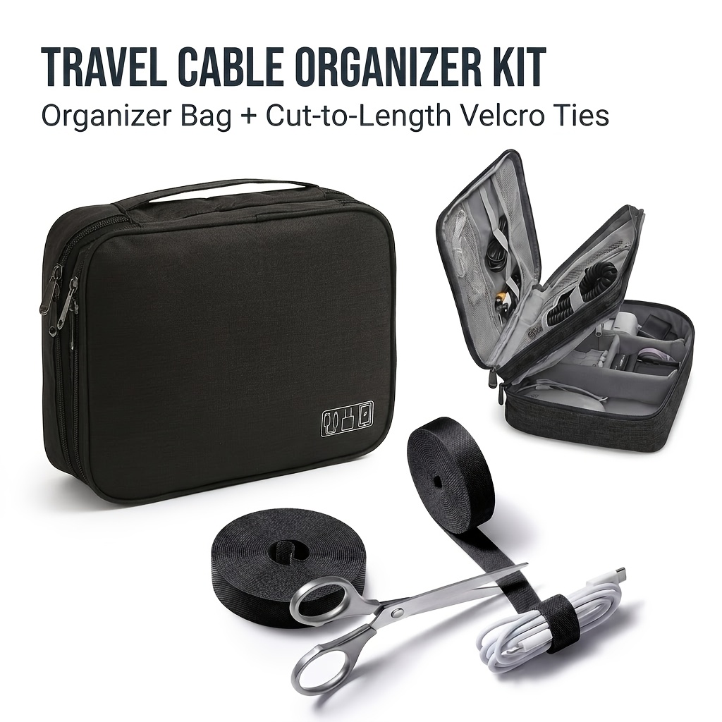 TEMU Electronics Organizer Kit With Cable Ties Triple Layer Large Capacity Travel Storage Bag Portable Case For Mouse Hard Drive Cord Additions Pouch