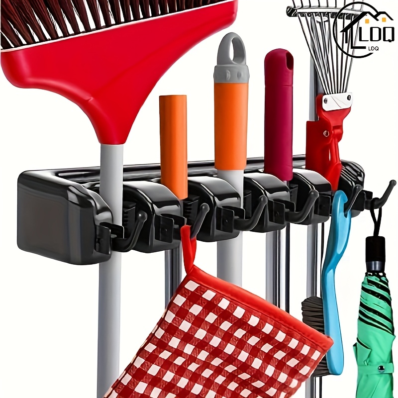 

5 Slot & 6 Hook Broom Holder Wall Mount - Organizer For Garden Tools, Garage, Closet & Laundry Room - Space-saving, , Secure Grips - Versatile Storage Solution