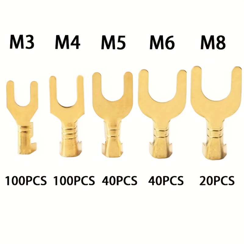 Image of 300pcs (5 Sizes) Copper Fork Spade U-type Non-insulated Wire Connectors - M3 M4 M5 M6 M8 Electrical Crimp Ground Terminals For Automotive, Durable, Corrosion-resistant, , Home Lmprovement