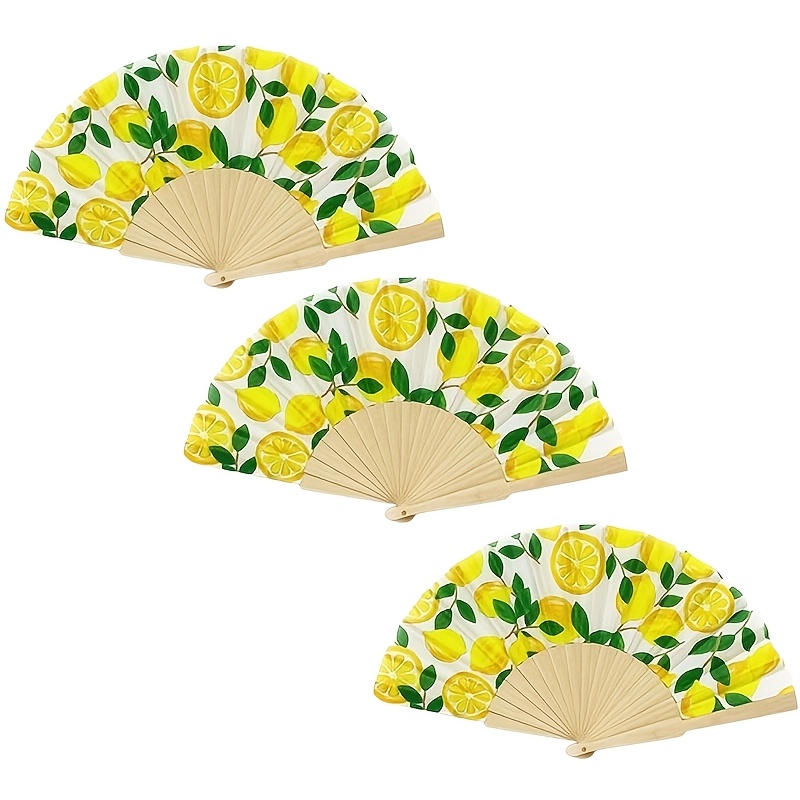 TEMU 3pcs Lemon Print Folding Hand Fans Suitable For , 9inch Portable Cooling Fans With Lemon, For Outdoor, Parties, Photo Props, - Summer Blower For