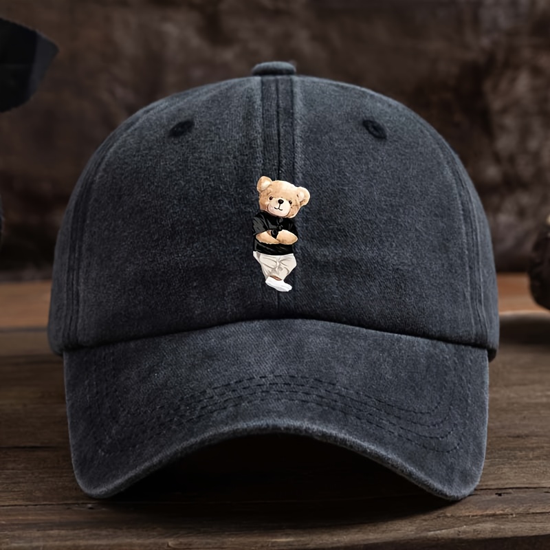 TEMU Men's Teddy Bear Baseball Cap With Flat Brim And Bear Print - Machine Washable Hat, Suitable For Everyday And Formal Occasions, A Durable Gift