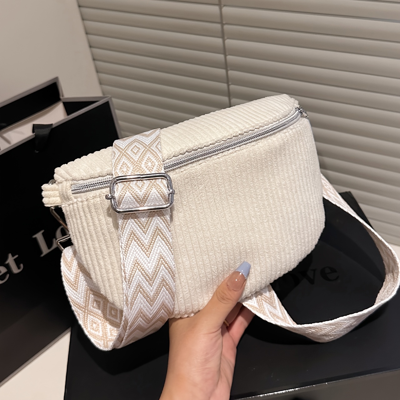 TEMU Retro Style Corduroy Crossbody Bag, Solid Easy Design Waist Pack, Women's Casual Chest Bag, Adjustable Shoulder Strap, Black. Coral Pink, Gray,