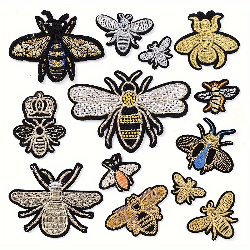 

13pcs Embroidered Bee Family Appliqué Set - Cartoon Patches With Golden And For Clothing Repair And Decoration