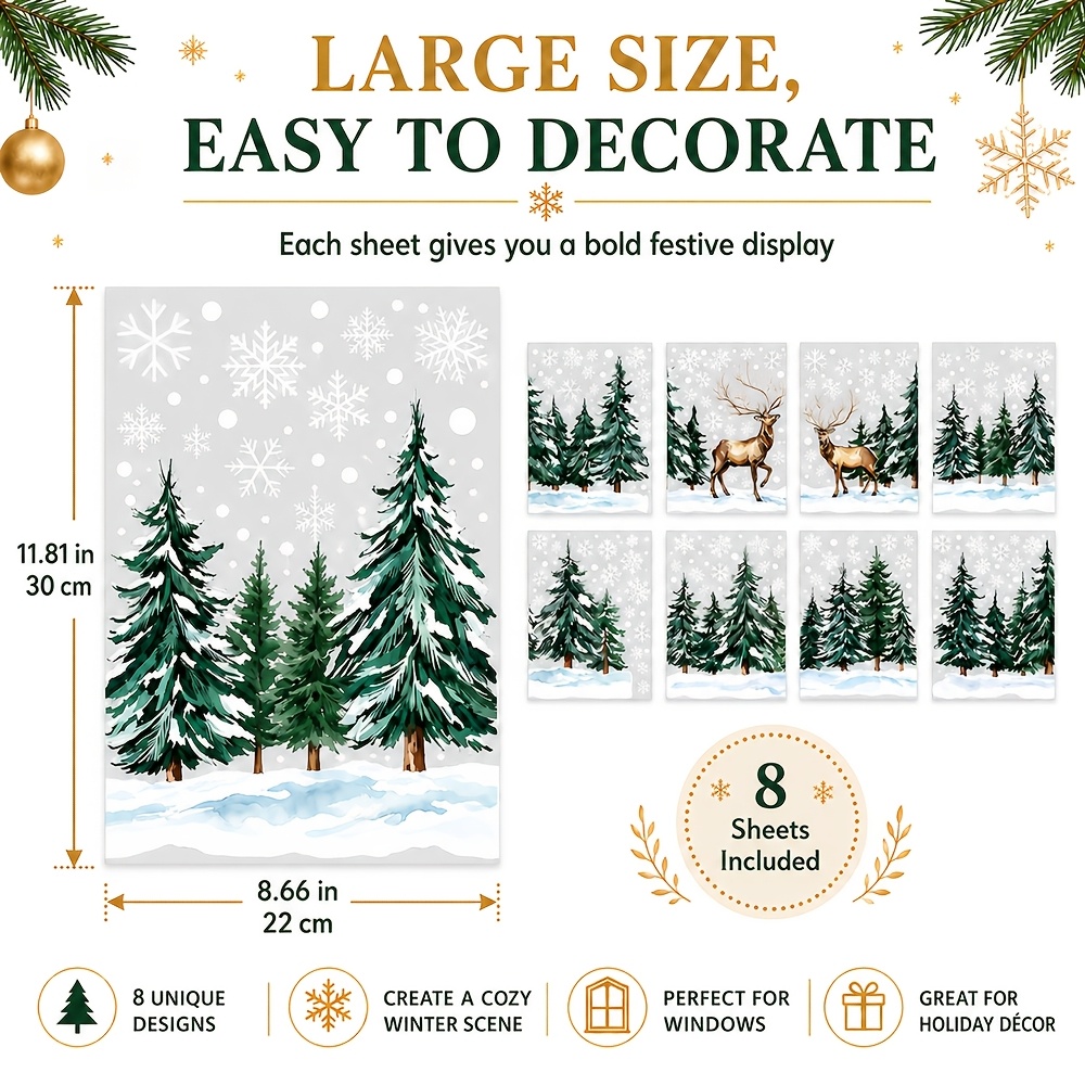 TEMU 8 Sheets Christmas Window Stickers, 30x 22cm, Static Cling Holiday Window Decals With Snowflakes Designs For Glass Door, Home, Store Display And