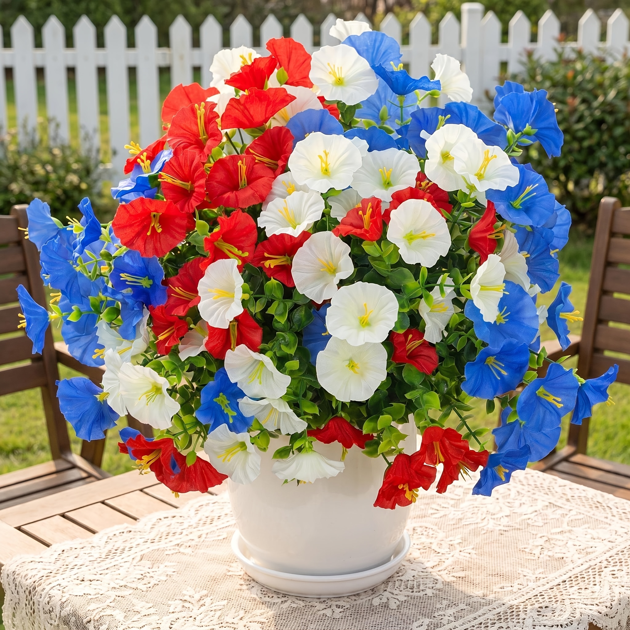 Image of 35pcs 105flowers Artificial Flower Petunias Uv Resistant Patriotic Outdoor Decoration For July 4th Day National Day Short Stem Plastic Flowers For Pot Window Planter Garden