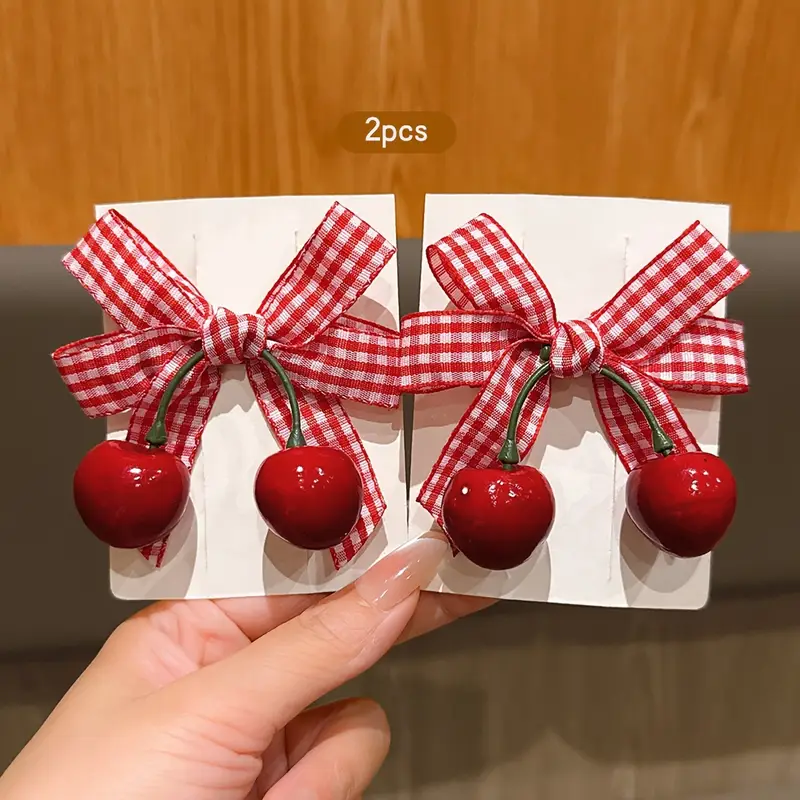 2pcs korean style   bow hair clips red white gingham check with green leaves durable plastic hair accessories for women casual everyday   season versatile hairpins cute hair clips   accessory secure hold hairpin Product details 2