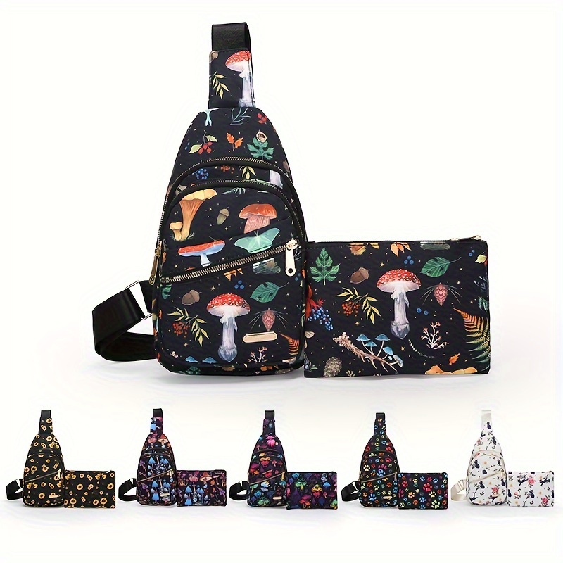 

Women's Fashion Printed Sling Crossbody Chest Bag Set, Nylon, Multi-functional Fancy Pack With Matching Pouch
