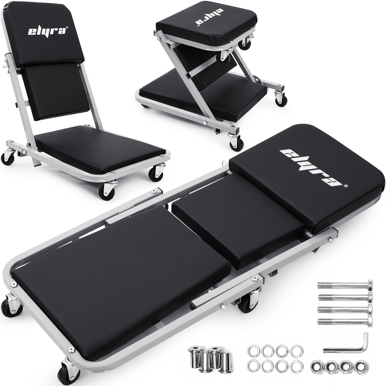 TEMU Assembled Rolling Workbench And Reclining Chair, Workshop Rolling Stool, 3 Adjustment Options, Padded Seat, 6 Casters, Suitable For Auto Repair,