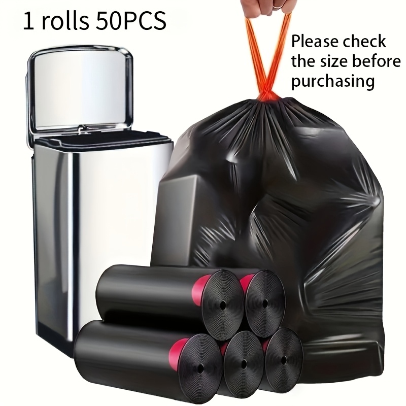 TEMU 1 Roll/50 Black Large Rolls Of Garbage, Dormitory Rope Carrying Plastic Bags, Thickened Household Drawstring Garbage Bags, Kitchen Garbage Bags.