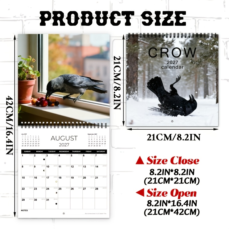 TEMU 2027 Crow Aesthetic Design Fold Wall Calendar Planner - 12-month Large Layout With Monthly Photos & Closure, Ideal For Home, Office, Daily Plan,