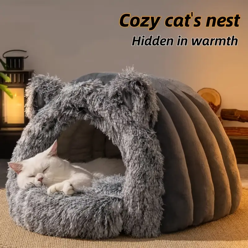 1pc winter warm fleece cat cave polyester fiber plush pet bed cozy for small to medium cats and dogs windproof 360 thermal non assembled cat house Product details 0
