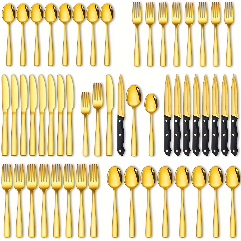 

48pcs Golden Stainless Steel Steak Knife Tableware Set, 8-person Kitchen Golden Knife, Fork And Spoon Combination, Mirror Polished, Suitable For Restaurants, Hotels, Weddings, Banquets