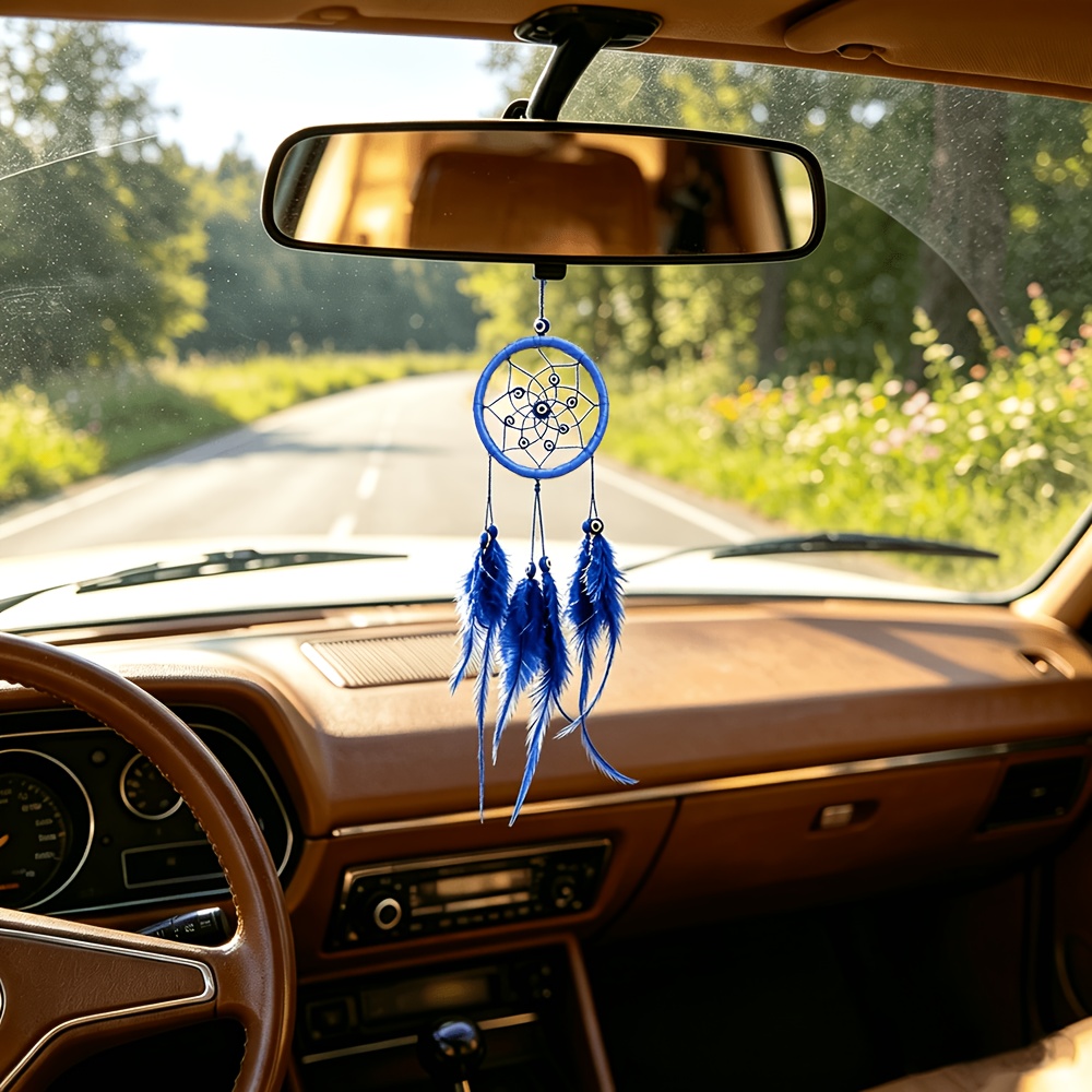 TEMU 2d Flat, Eye Dreamcatcher Car Rearview Mirror Hanging Ornament, Bohemian Woven Car Hanging Decoration With Artificial Simulated Feathers