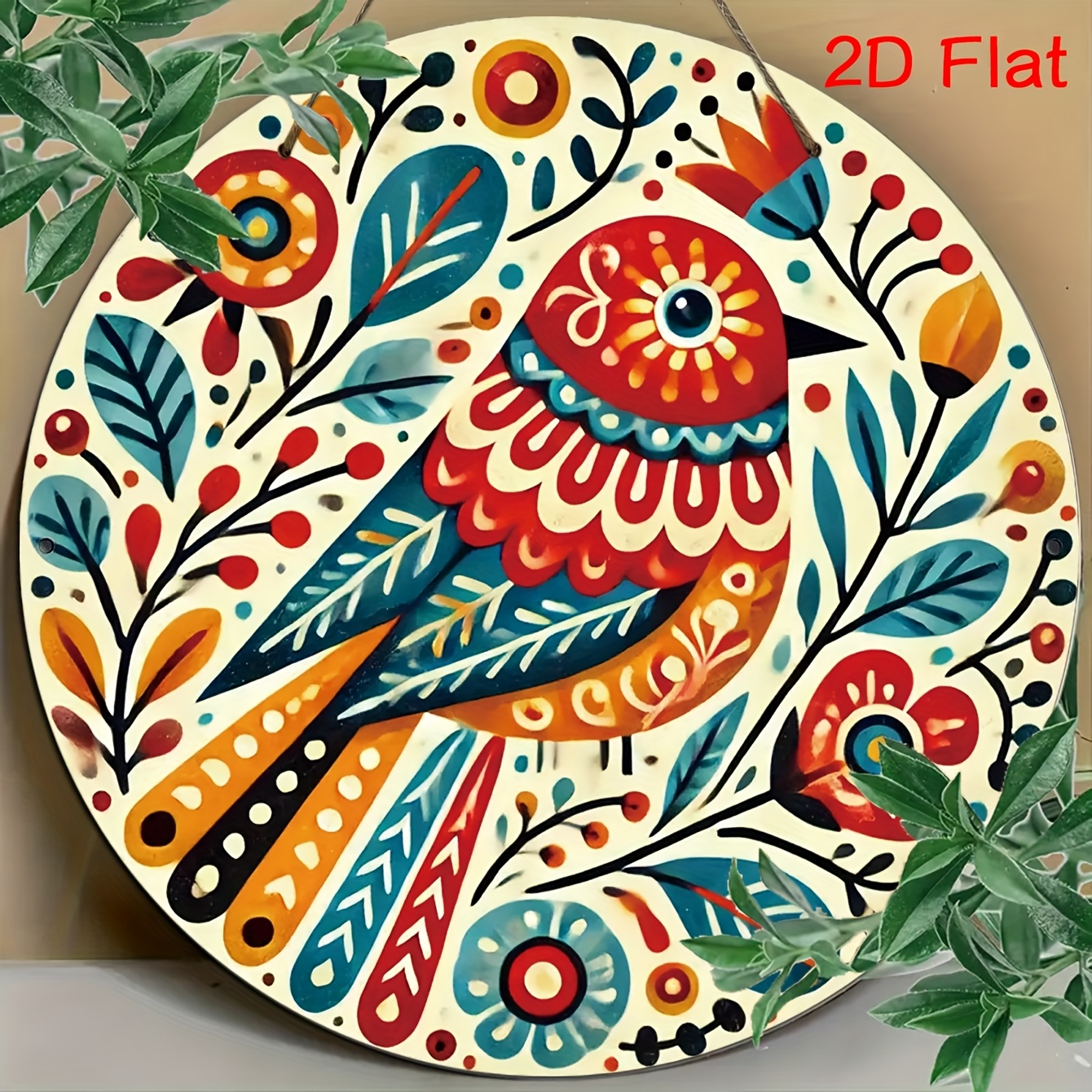 E-shop 2D Flat - ., 2D Flat Bunte Volkskunst Vogel Wanddeko - Lebendiges Federdesign, Wasserdichte Holzplakette mit Vorgebohrten Löchern, Ideal für