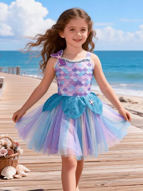 A Sleeveless, Strap Dress with a Mermaid Style Featuring Colorful Scales, Birthday Parties And Beach