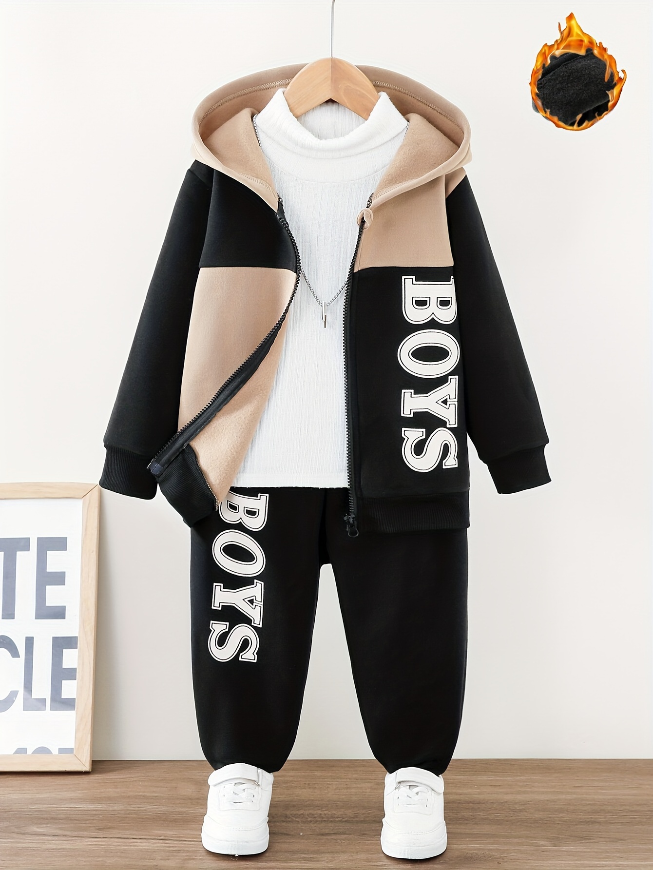 Set Felpa con Cappuccio e Pantaloni della Tuta Casual da Ragazzo, Stampa a Lettere, Fodera in Pile, Chiusura con Cerniera Frontale, Completo Comodo ed Elegante per Bambini, Regalo Perfetto per l'Autunno e l'Inverno