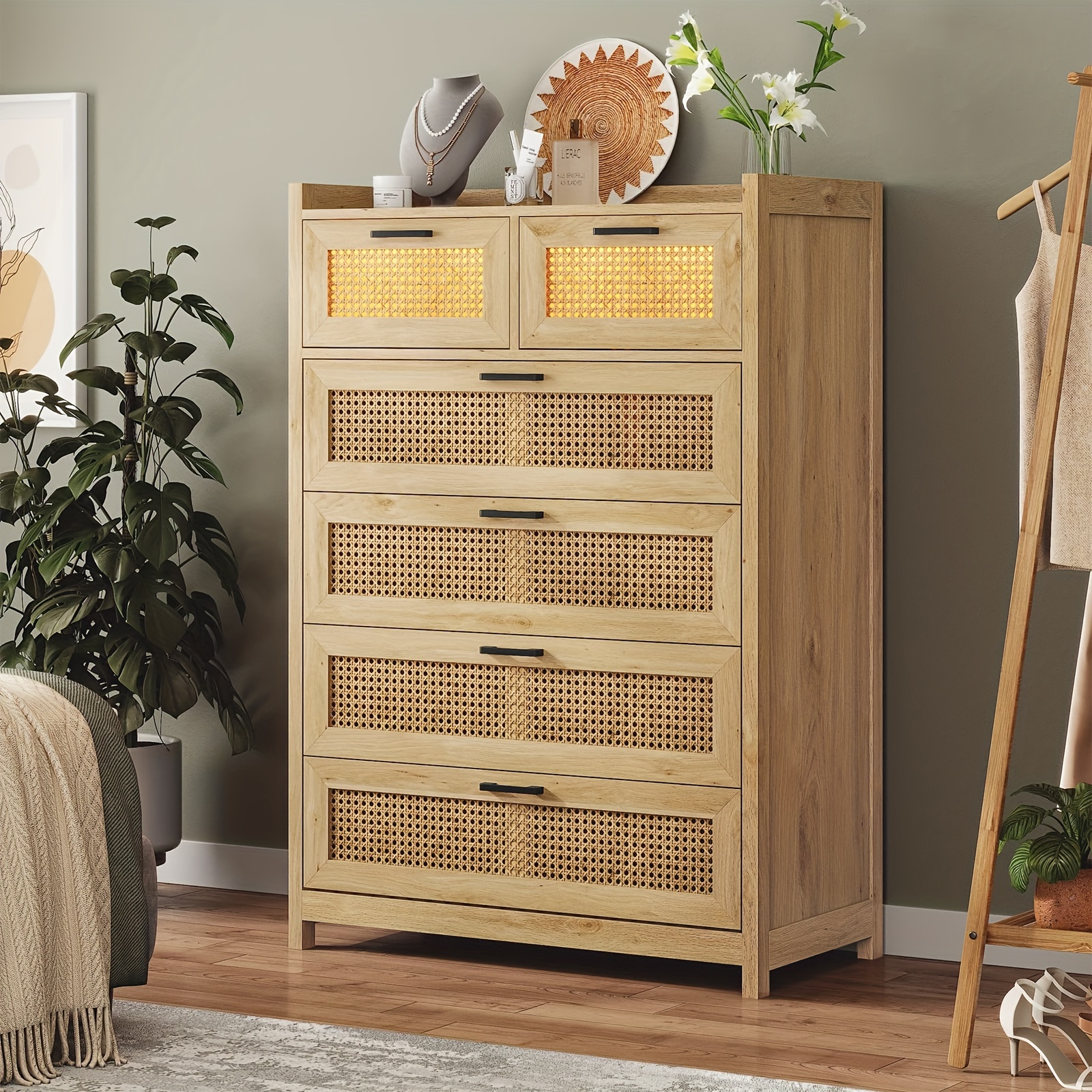 

6 Drawer Dresser For Bedroom, Natural Rattan Dressers With Led Light, Tall Dressers, Chests Of Drawers, Dresser For Bedroom Entryway