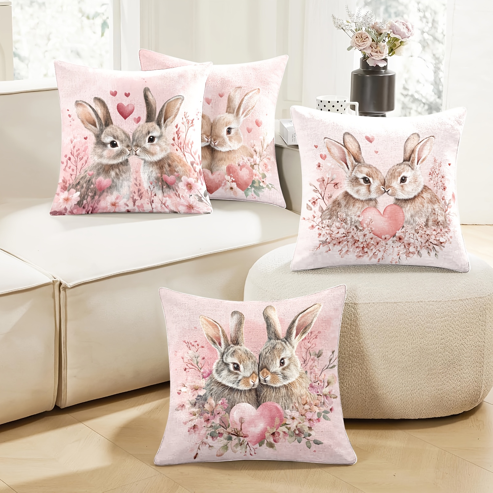 

4pcs Modern Easter Bunny Pillow Covers, 18x18 Inch, Zippered Polyester Throw Pillowcases, Machine Washable, Contemporary Rabbit Pattern, For Living Room, Bedroom, Sofa - Qiu12070401