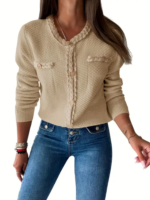 womens cream colored button up knit cardigan with pockets long sleeve v neck casual cropped sweater jacket for fall winter