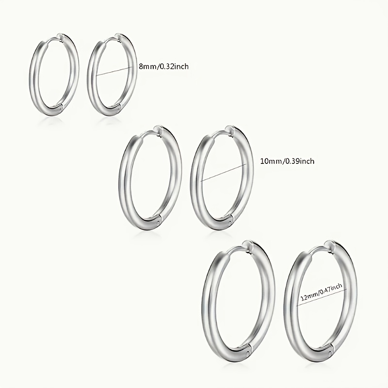 TEMU Stylish 3-pair Set Of Small Stainless Steel Hoop Earrings - Stainless Steel Material, Non-magnetic, Cartilage Piercing Jewelry, Sizes 8mm, 10mm,