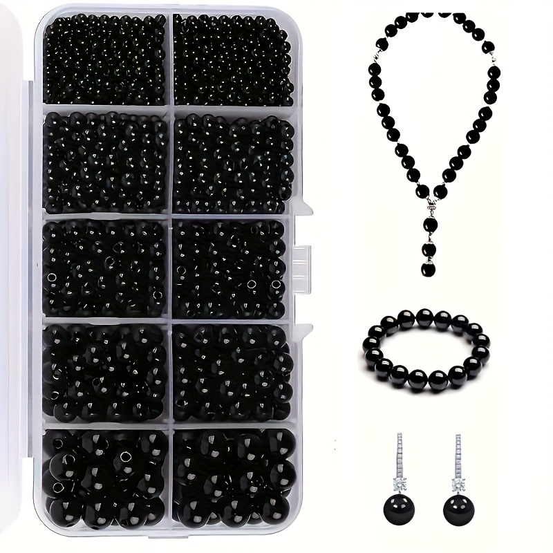 E-shop 1600-teiliges schwarzes Rocailles-Perlen-Set in 3/4/5/6/8 mm Größen, im Kästchen mit Trennwänden, geeignet als kleine Geschenke, zur