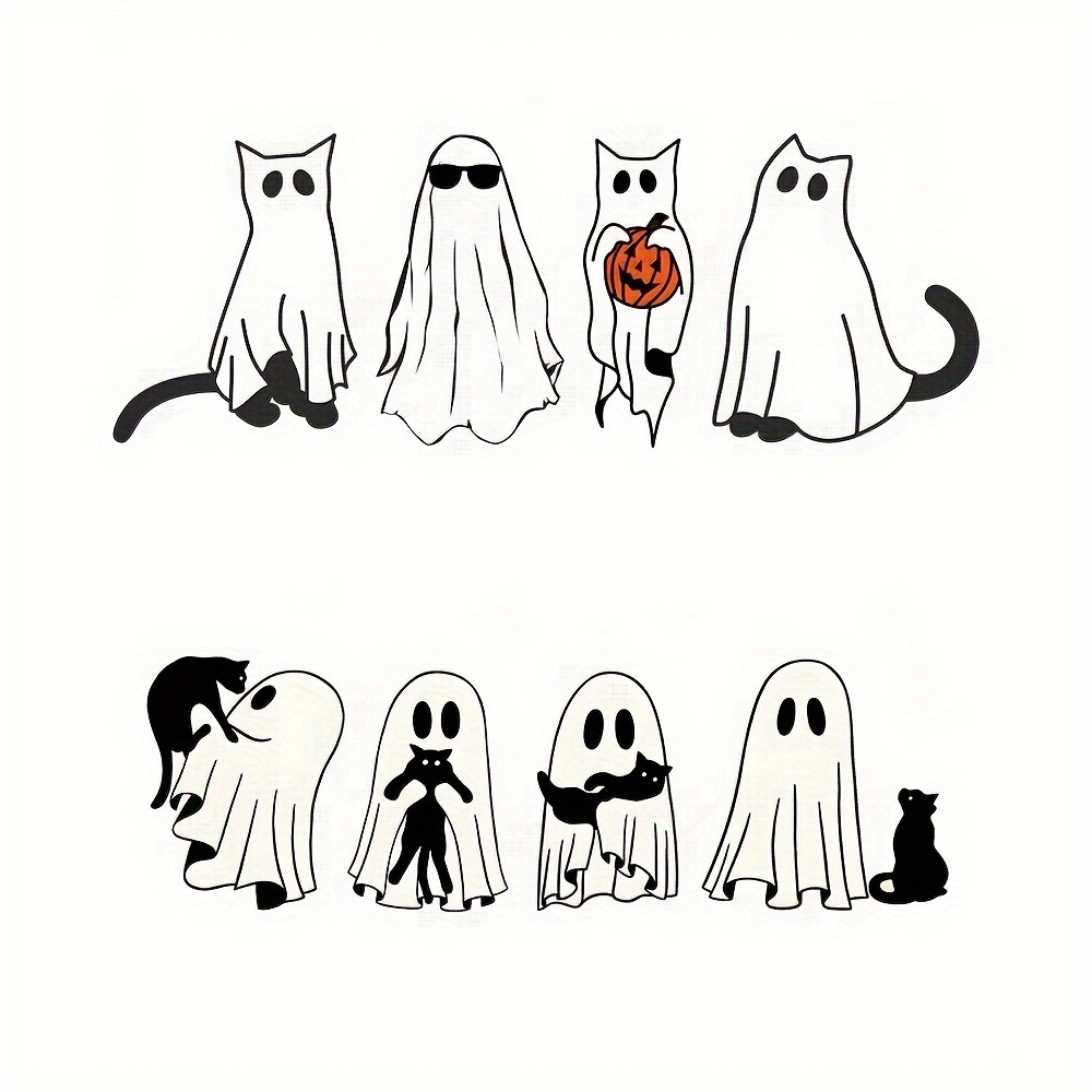 

2-piece Halloween Ghost & Cute Cat Iron-on Heat Transfer Decals - Vinyl Patches For Diy T-shirts, Jeans, Hoodies, Bags & Pillows