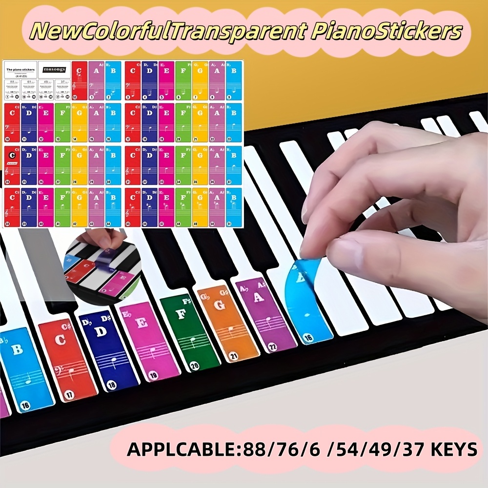 

88/76/61/54/49/37 Key Transparent Pvc Keyboard Stickers For Beginners - Detachable & Reusable Music Note Label Stickers, Easy To Read, Adhesive