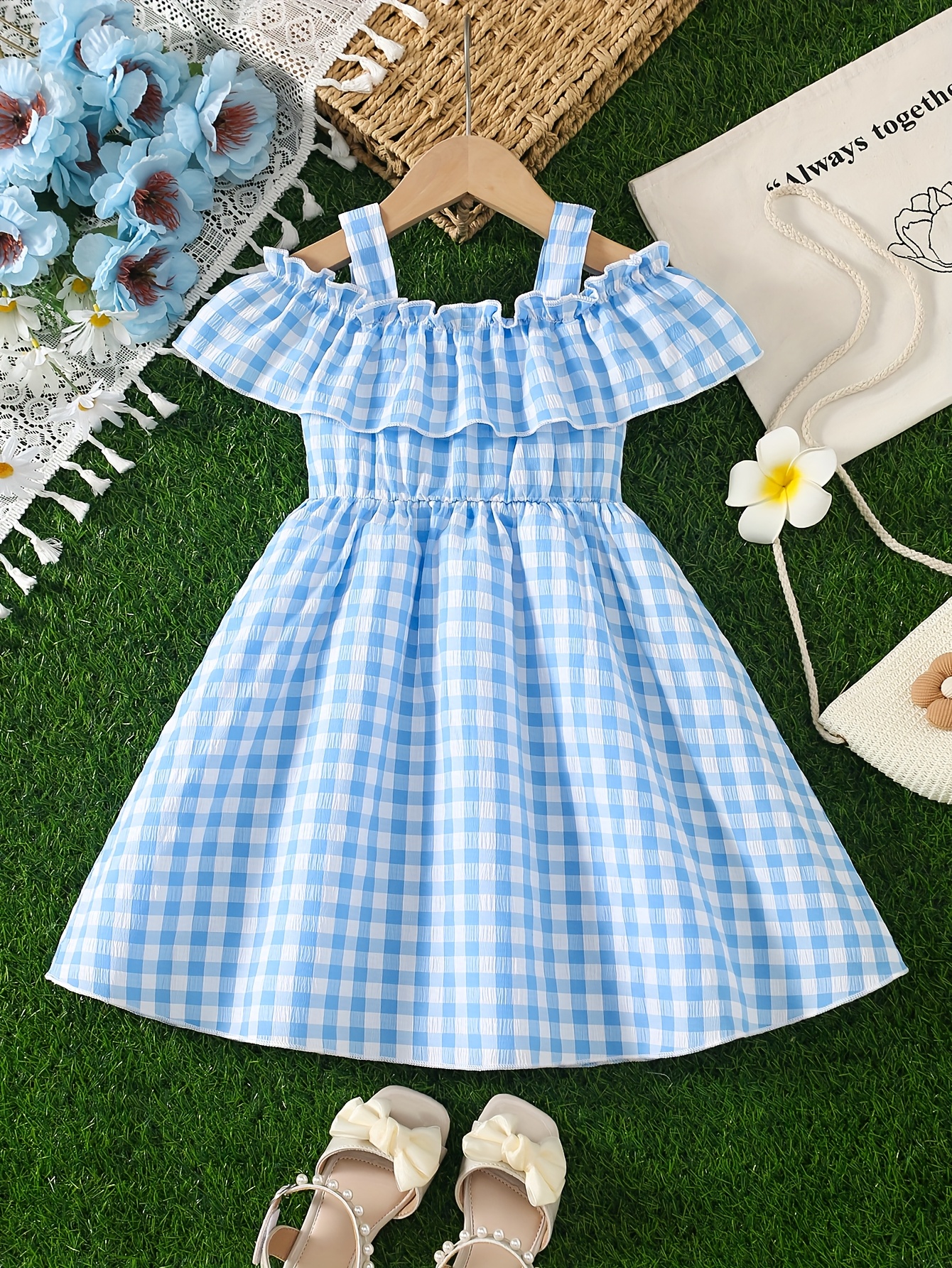 girls blue white gingham check dress straps casual - Temu Bahrain