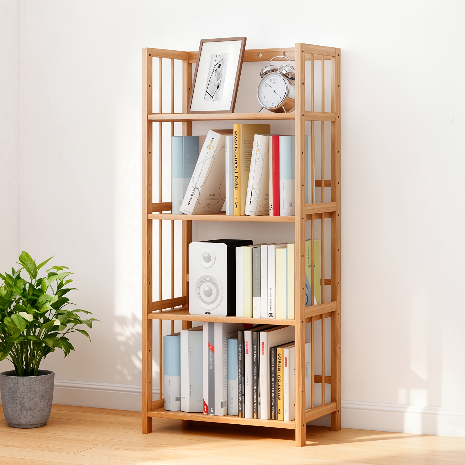 Image of 3/4 Tier Heavy Duty Bamboo Bookshelf, Large Capacity Tall Freestanding Storage Shelf With Adjustable Shelves, Easy To Assemble, For Office, Kitchen, Living Room, Multifunctional Furniture
