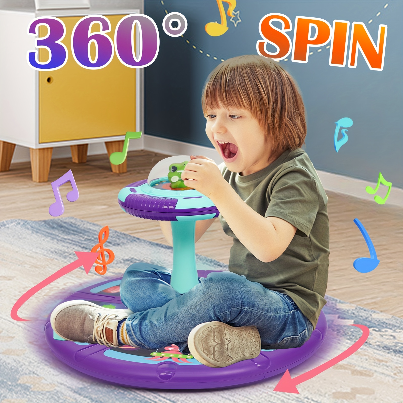 Sit And Spin Toys For Toddlers Age 3 4 5 6 Years Old, Christmas/Halloween/Birthday Gifts For Kids Boys&Girls 18 Months+ With Music & LED Flash Lights Musical 360°Spinning Seat Interactive Sensory Toy