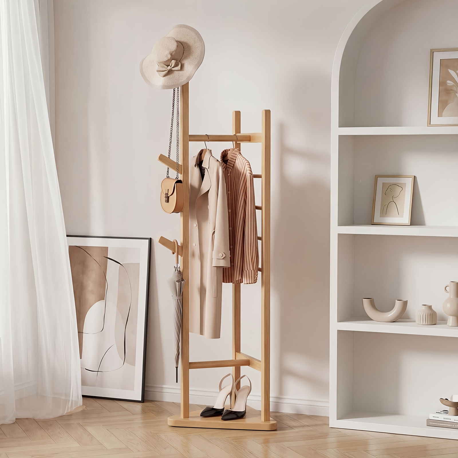 TEMU Perchero de pie, perchero de madera, de estilo , barra gruesa reforzada, bolsillo lateral de 4 niveles para guardar pantalones, base triangular