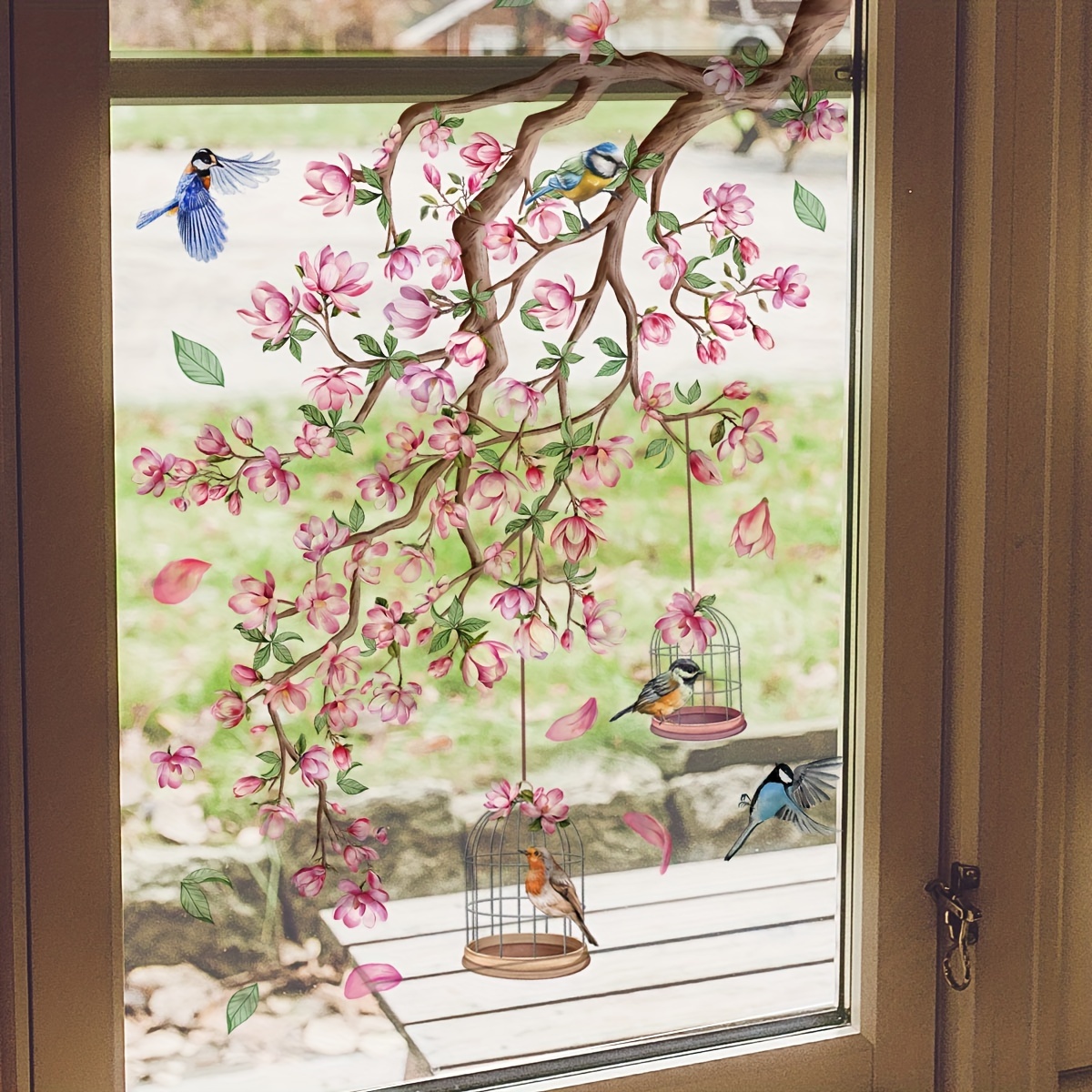 

Bird & Peach Double-sided Glass Window Decal - , Removable Home Decor