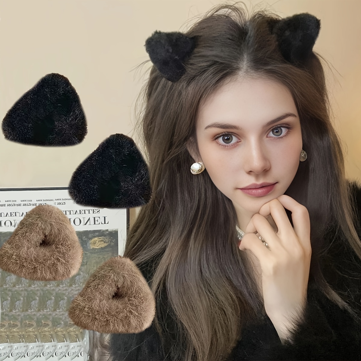 

4pcs Set Cute Plush Cat Ear Hair Clips For Women - Small, , And Casual Attire