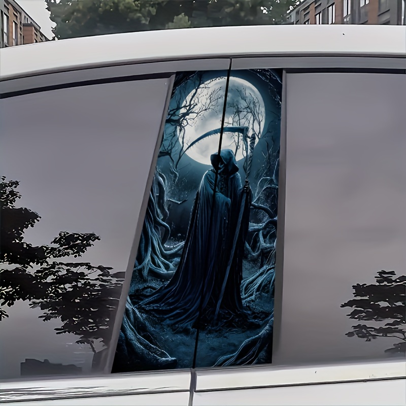 

2-pack Vinyl B-pillar Decals: Grim Reaper & Ghoul Theme - Self-adhesive, Scratch-resistant Vehicle B-pillar Stickers With Cartoon, , Alien, Monster, Horror Motifs For Auto Exterior Decoration