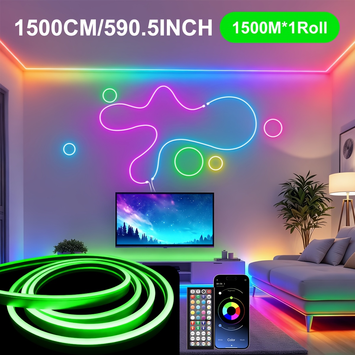 E-shop 15M/10M/5M RGB Neon LED Streifen für Außen, APP und Fernbedienung, 16 Millionen Farben, Helligkeits- und Farbwechsel, spritzwassergeschütztes