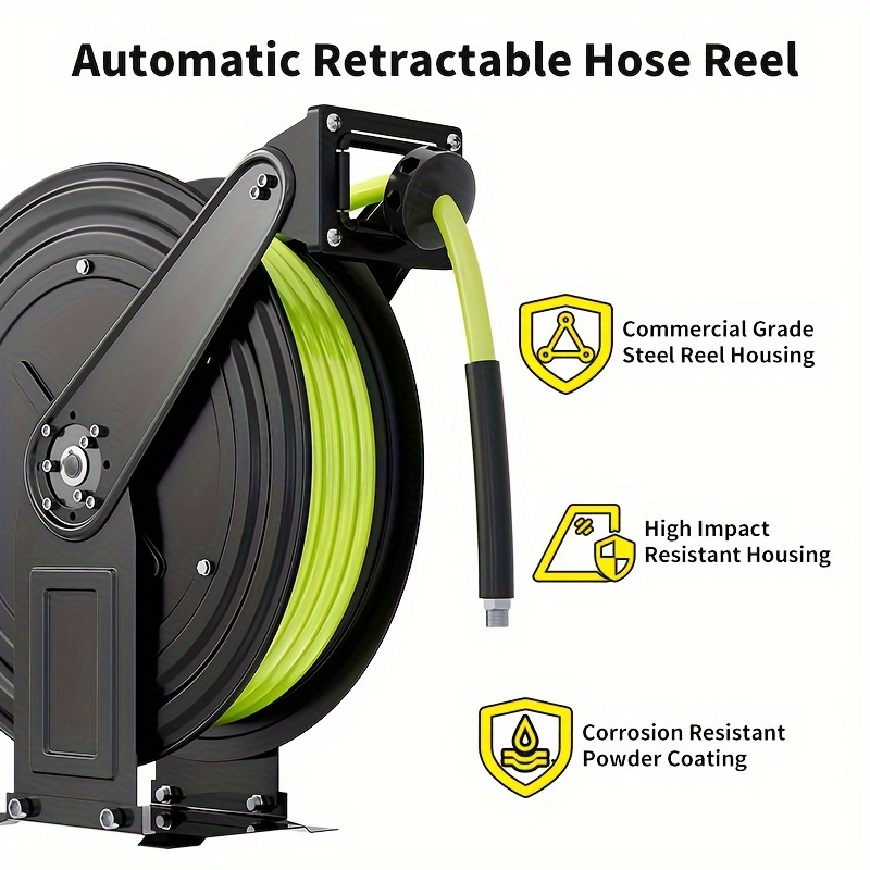50FT Retractable Pressure Washer Hose Reel - 4000 PSI Heavy Duty Steel For Water/Oil/Air