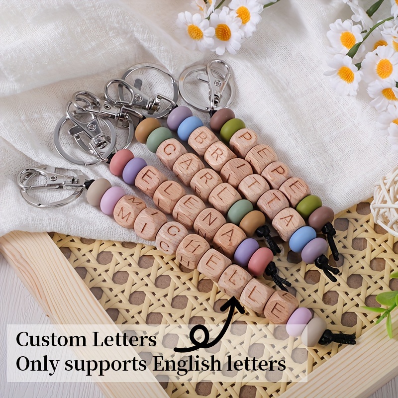 

Custom Personalized Alphabet Beaded Keychain With Silicone And Wood, Festival Themed Name Keyring With Lobster Clasp, Charm Accessory For Bags, Unique Birthday Gift Idea - Single Piece