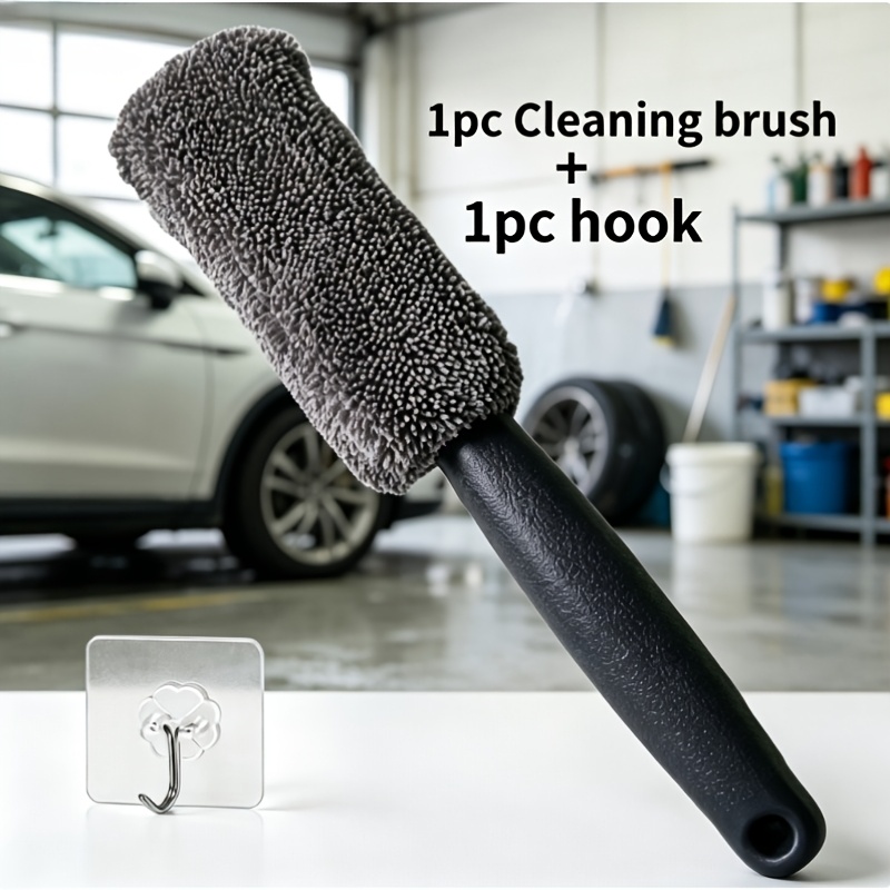 TEMU 2pcs Set: 1 Cleaning Brush + 1 Hook. Soft Microfiber Car Wheel Cleaning Brush, Scratch-free Rim And Tire Brush, Flexible Deep Tool.