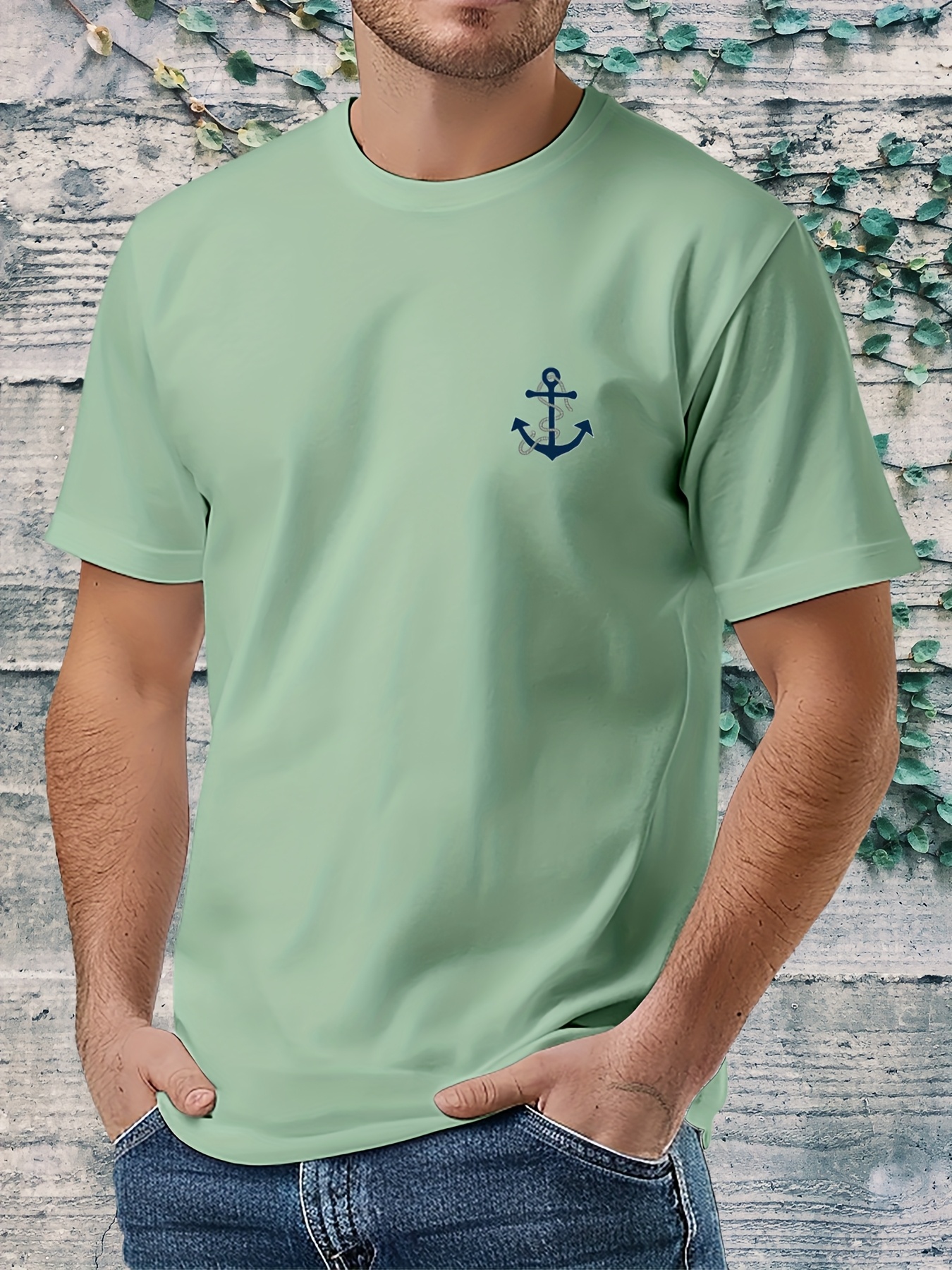 Men'S Nautical Anchor Graphic T-Shirt - Light Green Maritime Tee, Regular Fit Casual Shirt for Everyday & Nautical Themes - Breathable Everyday Essential, Nautical T Shirts, Classic Round Neck, Comfortable Fabric, Short Sleeve Top, Outdoor Enthusiasts, Weekend Wear, Minimalist Design, Soft Material, Print Tee, Outdoor Lovers