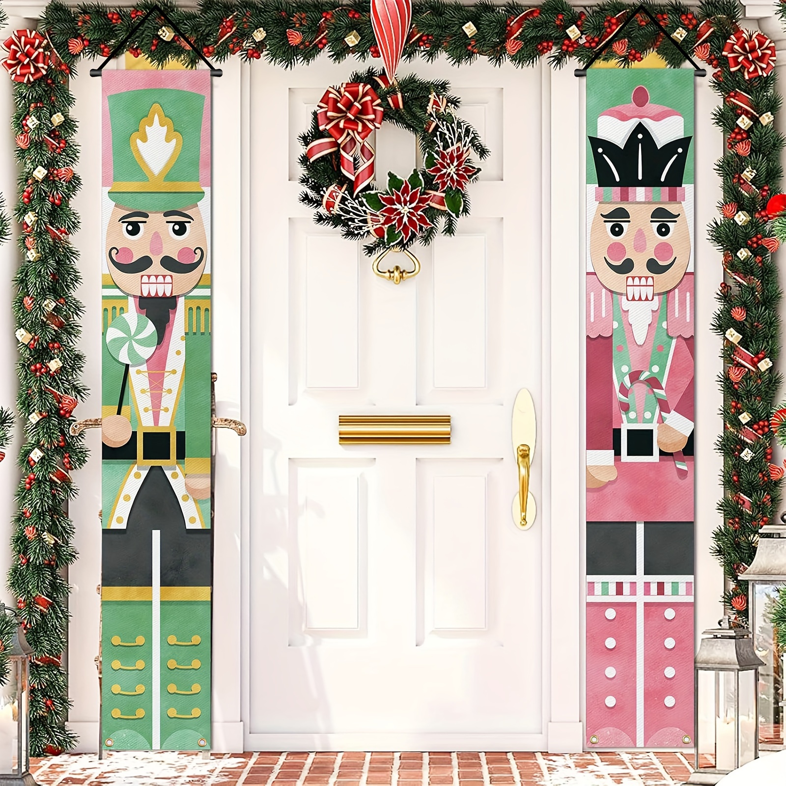 

2pcs Nutcracker Christmas Porch Banners - Pink & -themed Welcome Signs For & Yard Decor, No Power Needed, Polyester