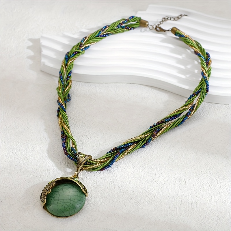 TEMU Collar bohemio de moda de cuentas de arroz tejidas, collar con colgante de de piedra vintage incrustada