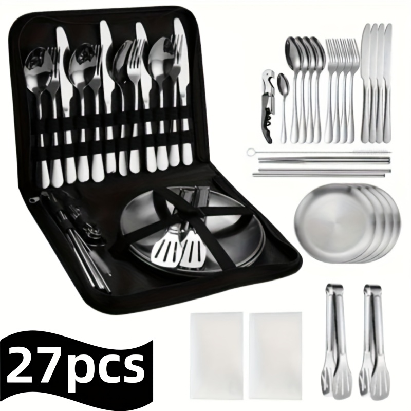 27pcs portable durable outdoor picnic tool set stainless steel high quality tableware with dinner knife forks plates soup spoon coffee spoon chopsticks tablecloth straw set bottle opener cleaning cloth clips and storage bag reusable dishwasher safe suitable for outdoor travel hiking backpacking picnic camping party   etc Product details 2