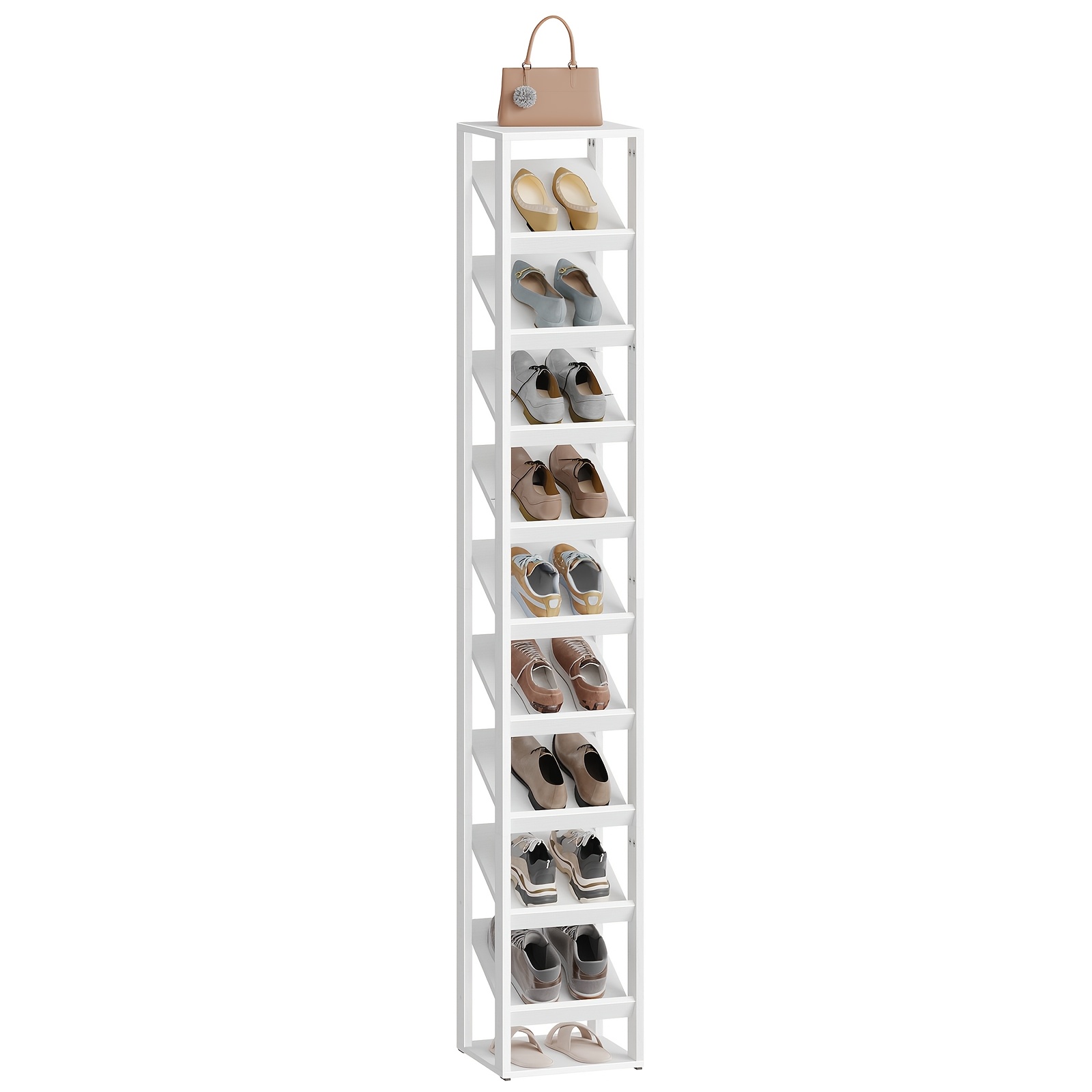 Image of 10-tier Shoe Rack, Shoe Storage Rack, Tilted Design, Space-saving, Suitable For Entryway, Hallway, Foyer, , /white