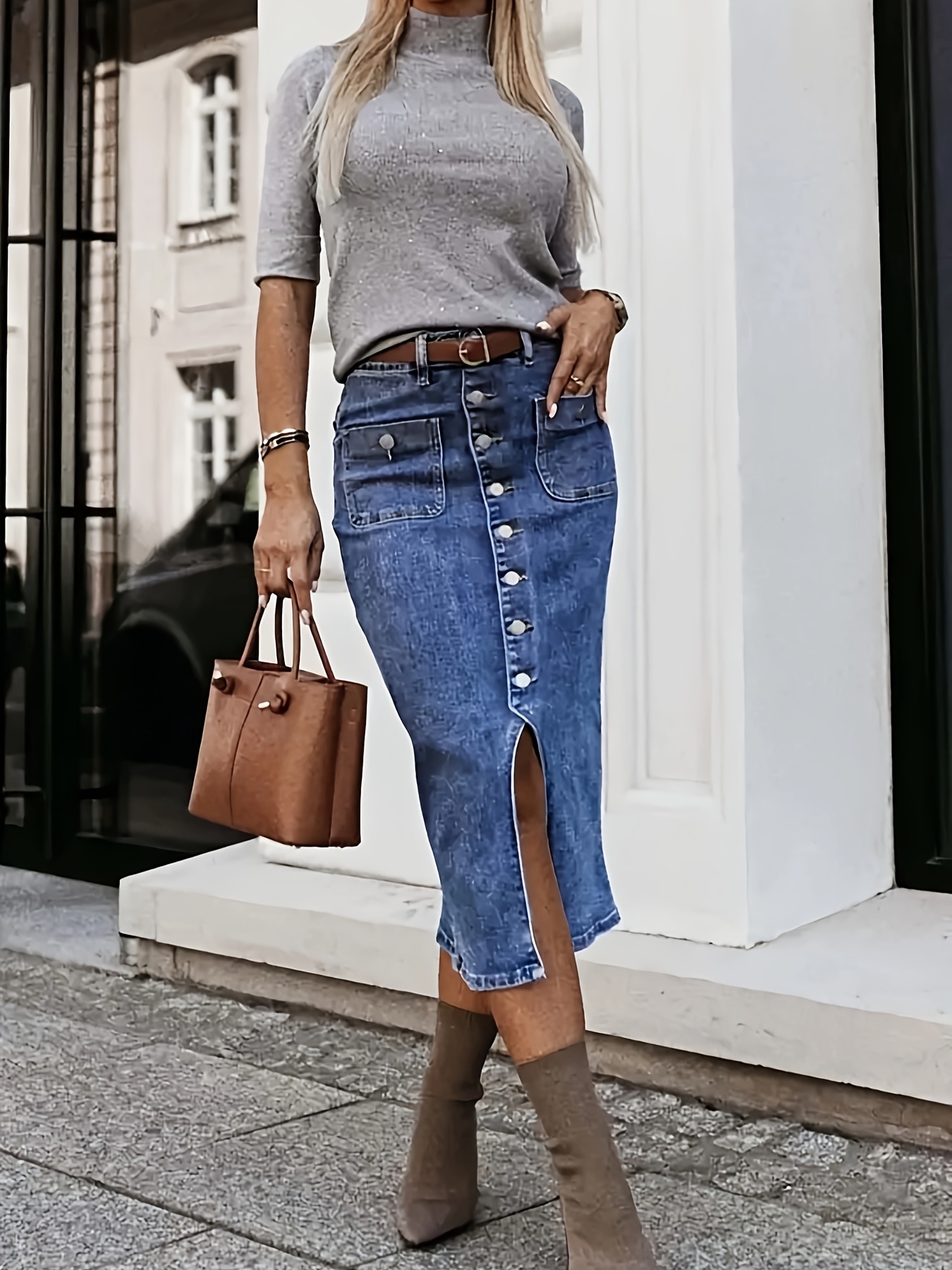 plus size women's retro high stretch denim midi pencil skirt