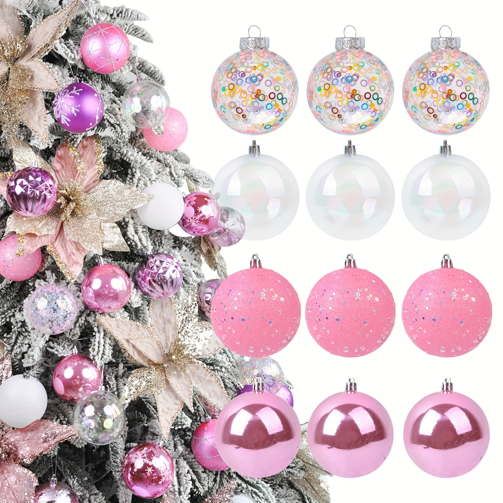 

Art Deco Style Christmas Ornaments Set, 12-piece Shatterproof Hanging Decorations With Filler, Round Pink Plastic Balls For Christmas Tree, Holiday Party Decor - No Feathers