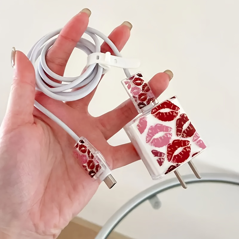 TEMU 4 pièces Coque de Mignonne Motif Lèvres Rouges pour Câble de Charge Apple 20W, Compatible iPhone 16/16 Pro Max/15/14/13/11, Coque Souple -Casse