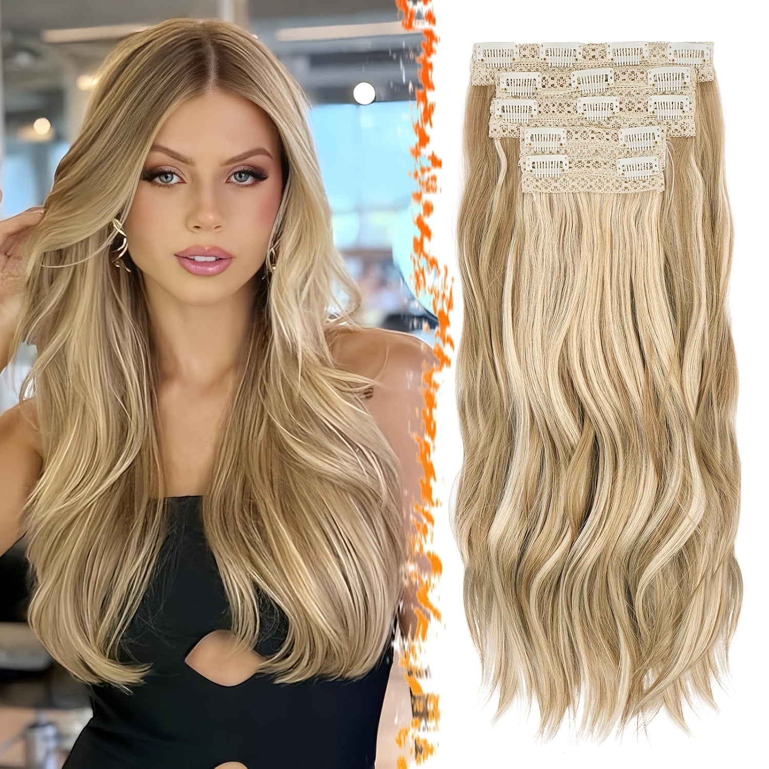 TEMU Barsdar Clip-in Hair Extensions In Blonde, 50cm Wavy Style, 5pcs For A , Synthetic Hairpieces - Medium Blonde Blend